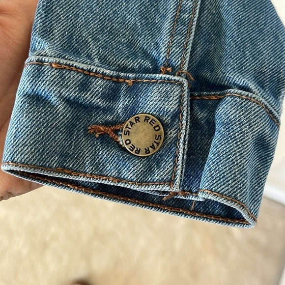 NWOT Red Star Button Up Jean Jacket Cotton Denim Faded Blue Cropped Frayed - Picture 8 of 10